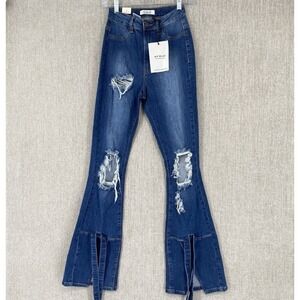 AP BLUE Distressed Flare Jeans 3 Blue Denim High Rise Ripped Hem Tie